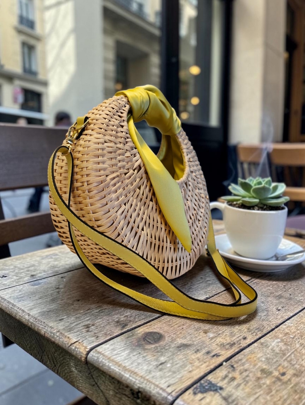 SALE!! Round Woven Straw Handbag with Yellow-Green Scarf Trim by Scoop  NWT - Picture 2 of 8